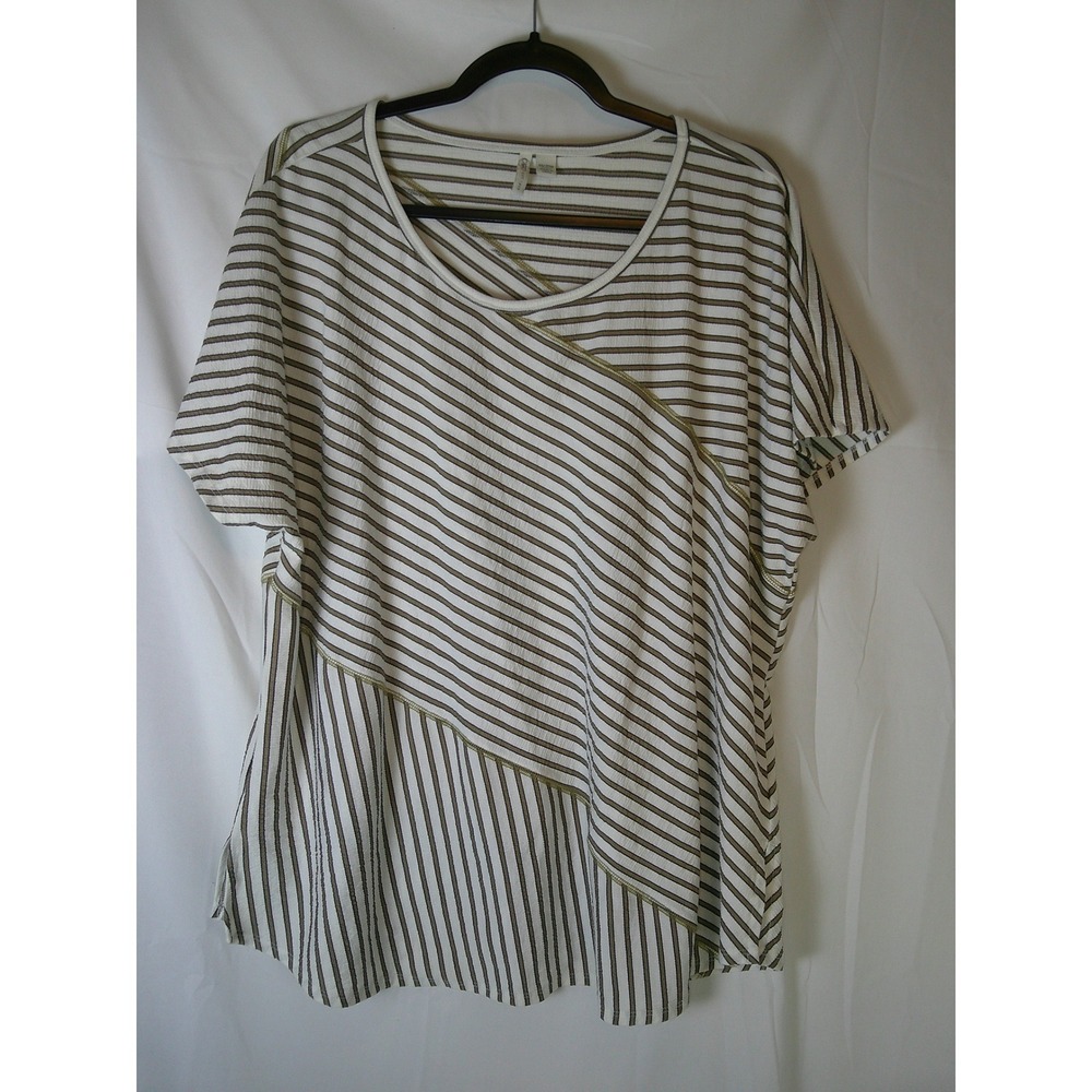 Cato Womens Plus 18/20W Tan White Striped Ribbed‎ Knit Scoop Neck Top